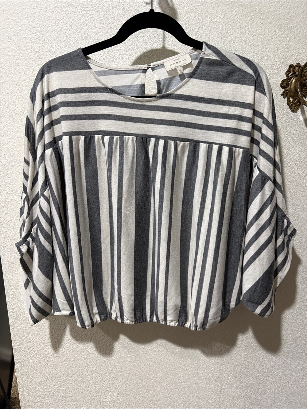 Lucky Brand Gray and White Striped Peasant Blouse